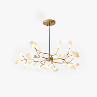 Lustre branche en métal doré aux pétales lumineux, vue de face sur fond blanc