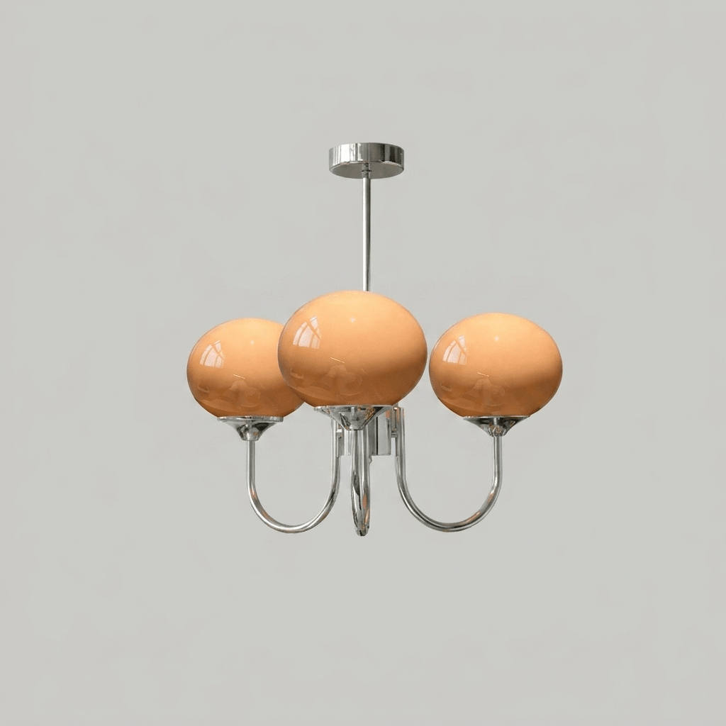 Lustre trois lumières finition chrome et abat-jours orange