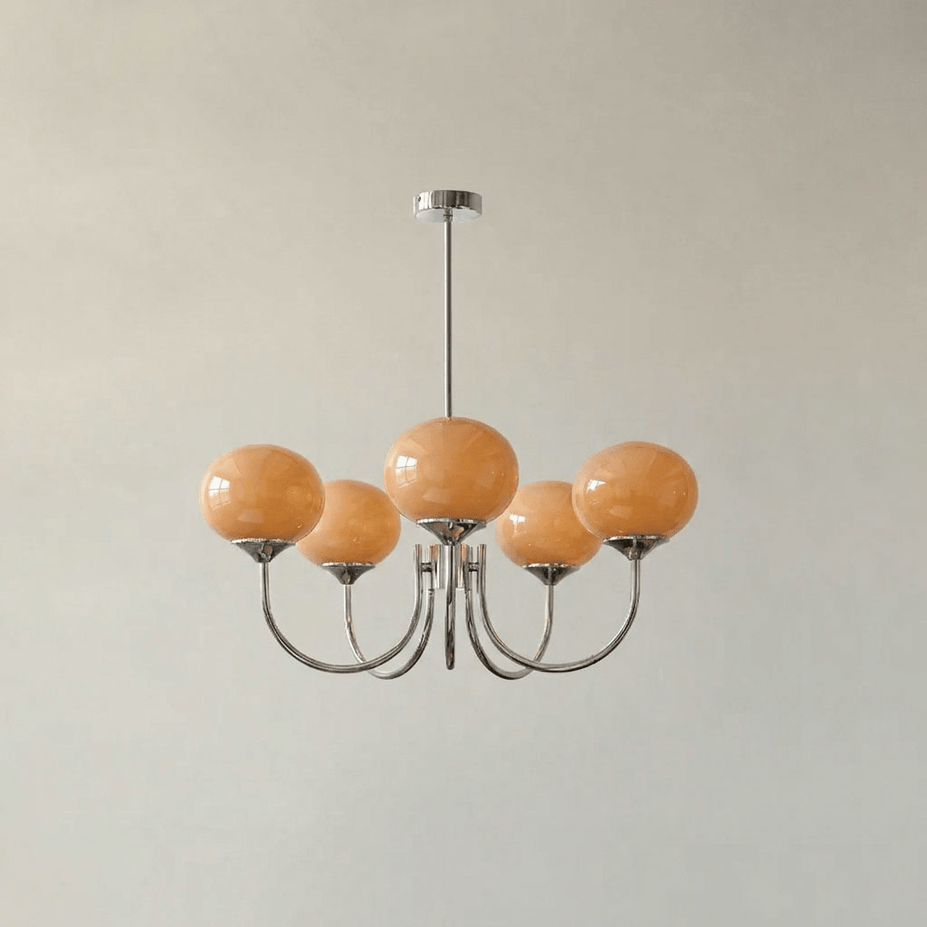 Lustre cinq lumières finition chrome et abat-jours orange