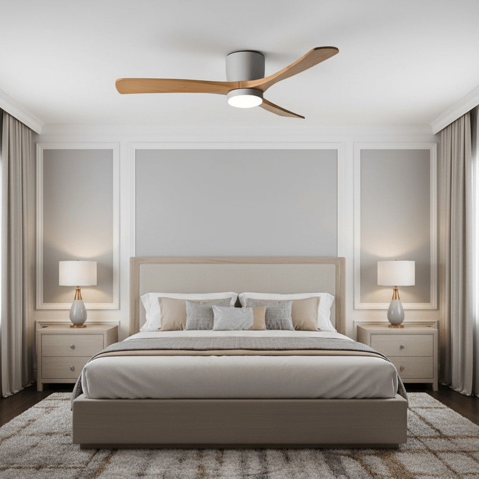 Ventilateur de plafond en bois dans une chambre au-dessus d'un lit
