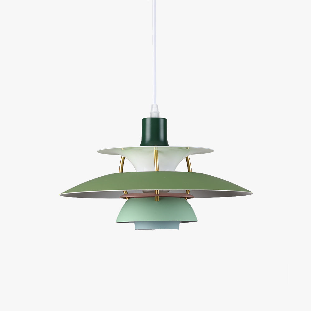 Suspension scandinave en métal coloré verte, coupoles superposées, vue de face
