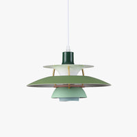 Suspension scandinave en métal coloré verte, coupoles superposées, vue de face