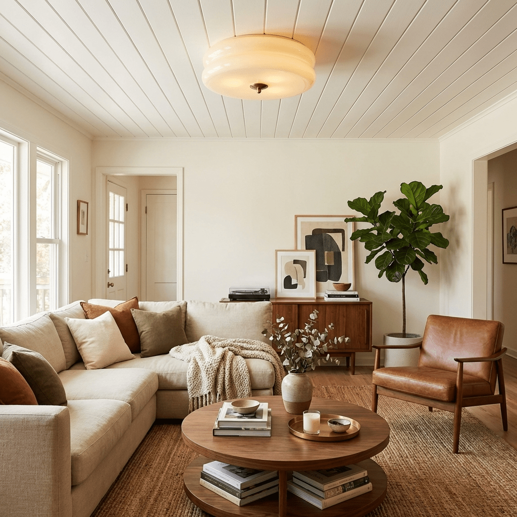 Plafonnier art déco fixé sur un plafond en lambris blanc