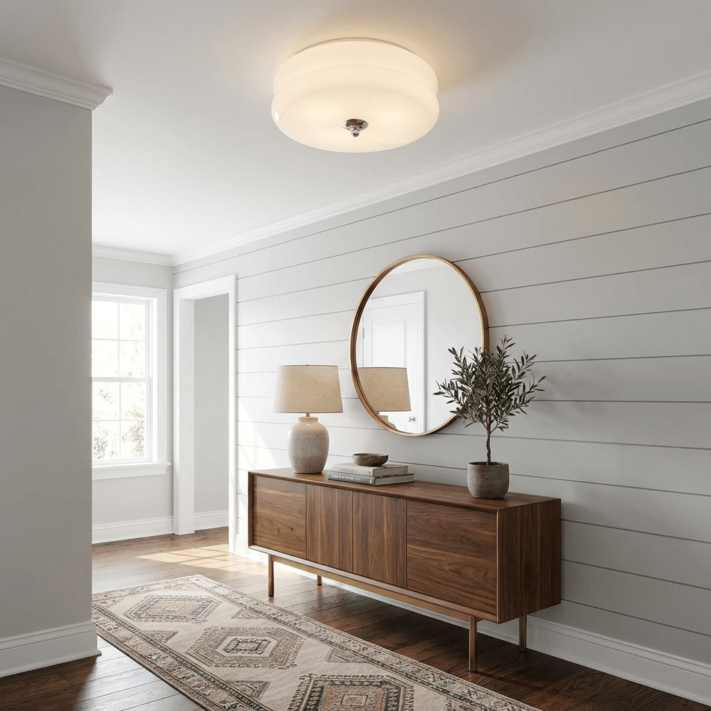 Plafonnier art déco dans une entrée avec console en noyer et miroir rond