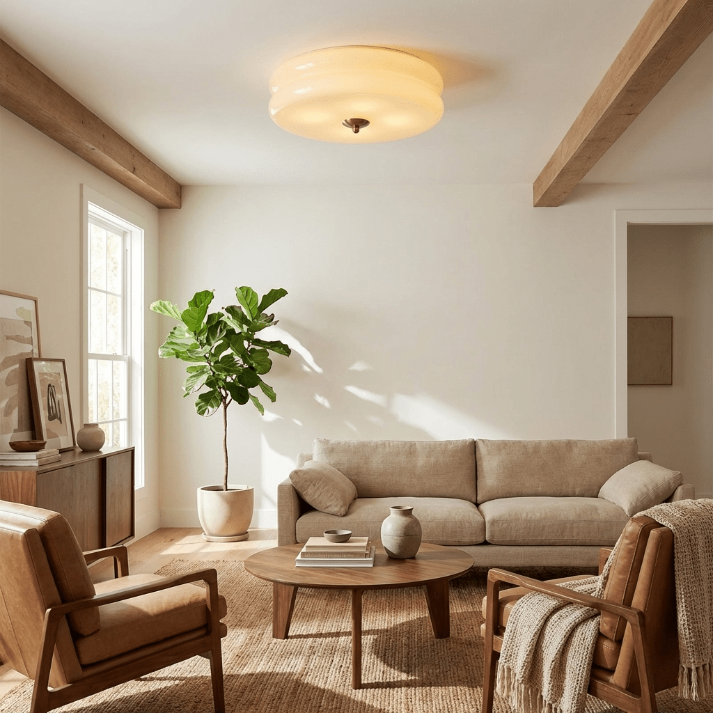 Plafonnier art déco dans un salon avec plantes et fauteuils en cuir