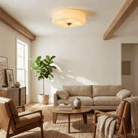 Plafonnier art déco dans un salon avec plantes et fauteuils en cuir