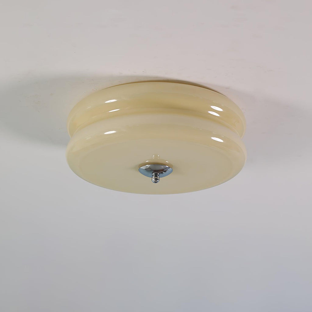 Plafonnier art déco finition chrome et abat-jour beige