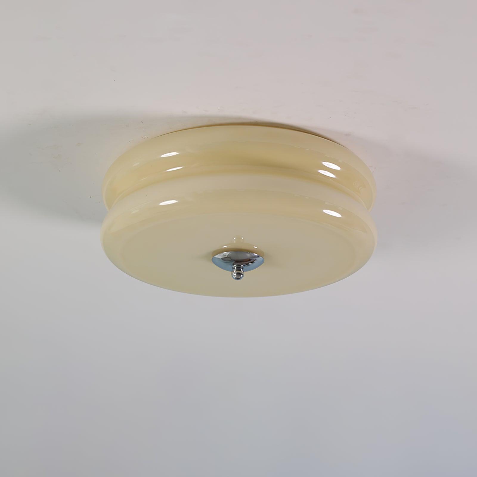 Plafonnier art déco finition chrome et abat-jour beige