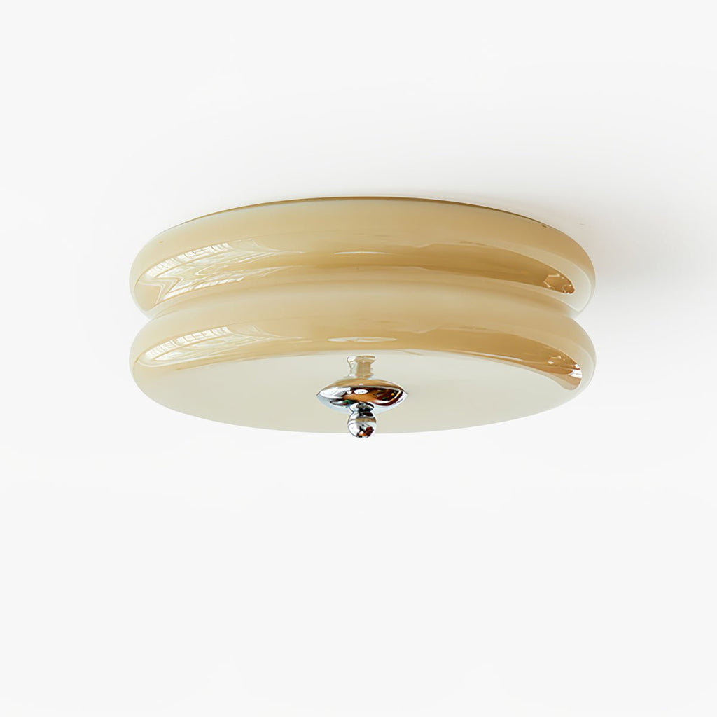 Plafonnier art déco en verre nervuré beige et chrome sur fond blanc