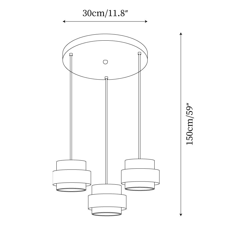 Schéma des dimensions du modèle rond trois lampes 30 cm