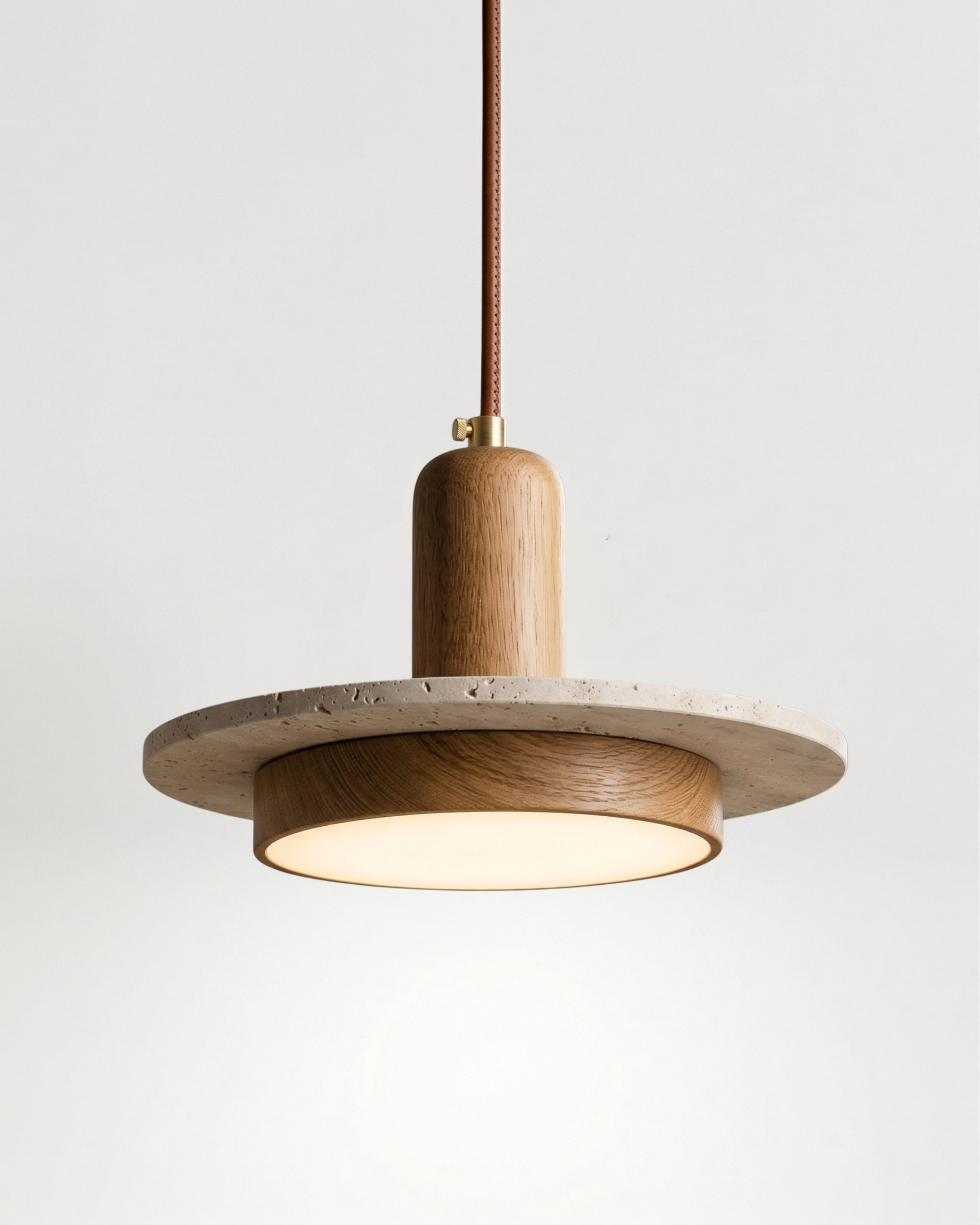 Suspension travertin design organique, finition bois clair