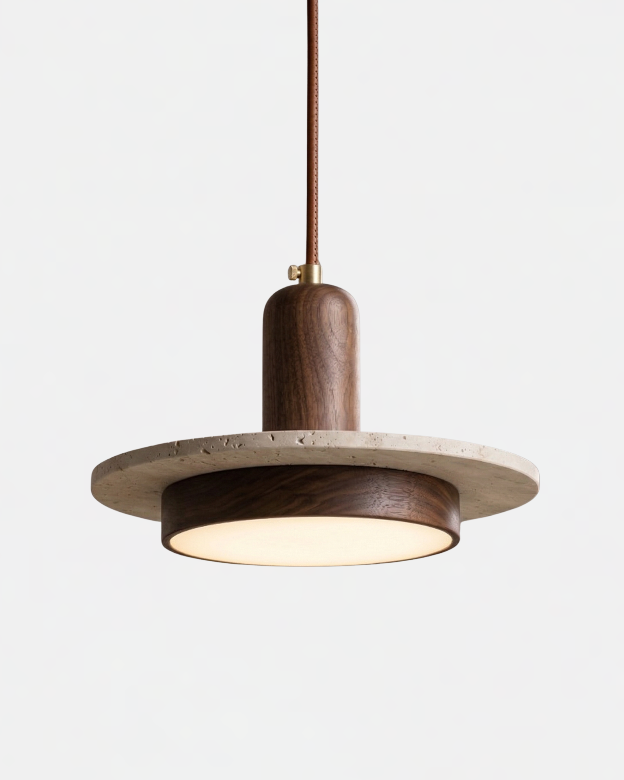 Suspension travertin design organique avec cylindre finition bois foncé