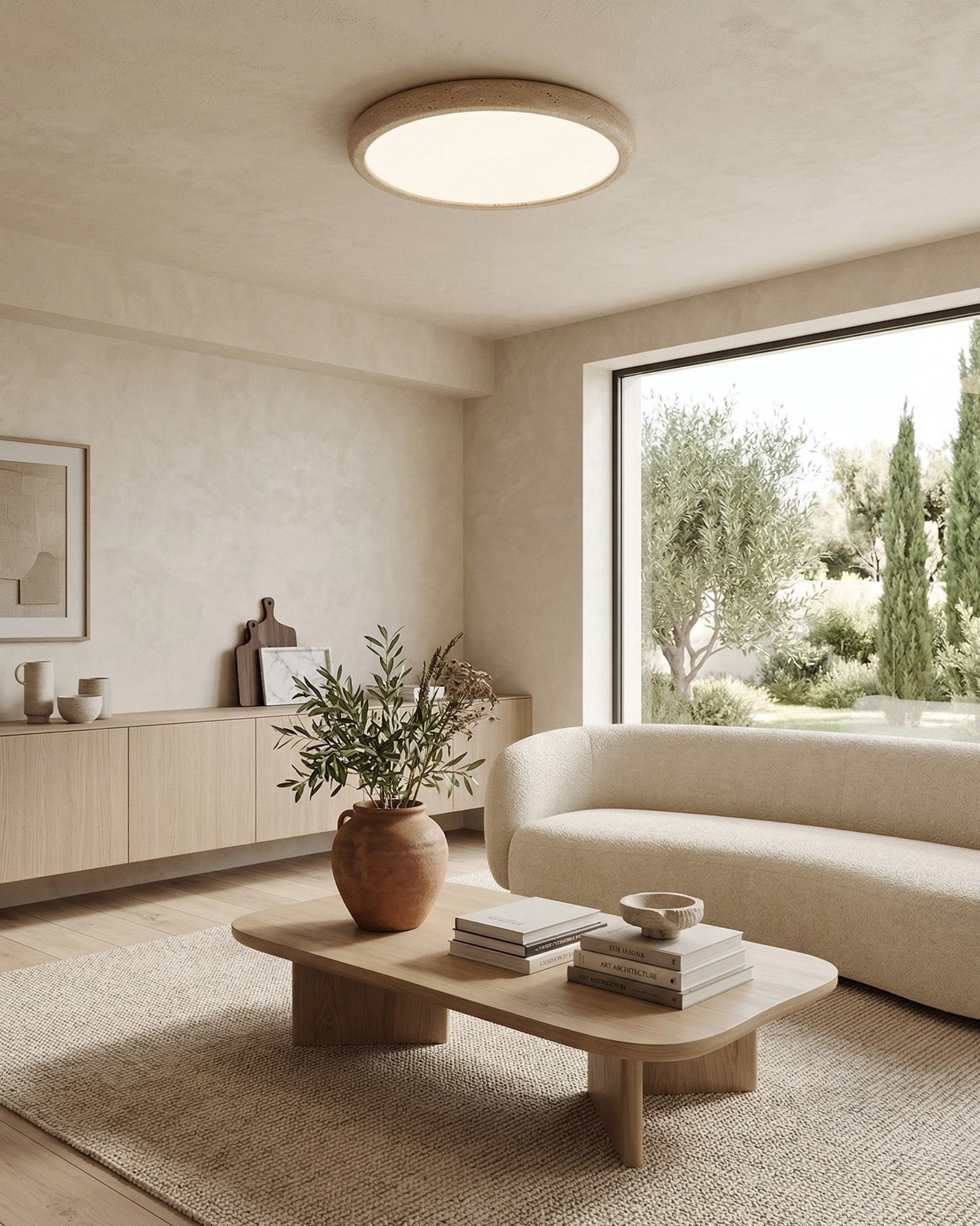 Plafonnier en travertin ultra plat dans un salon beige lumineux et minimaliste