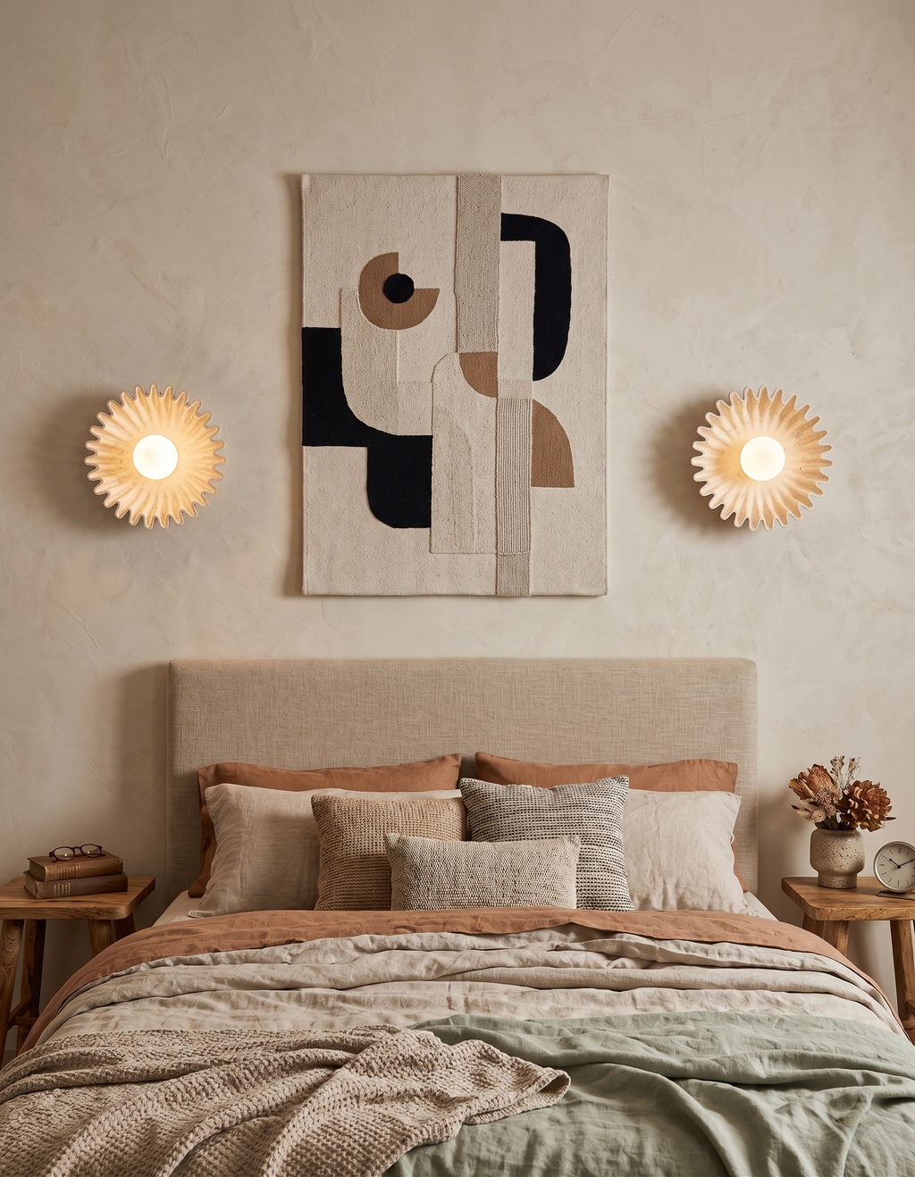 Applique murale design en céramique installée en paire au dessus d'une tête de lit