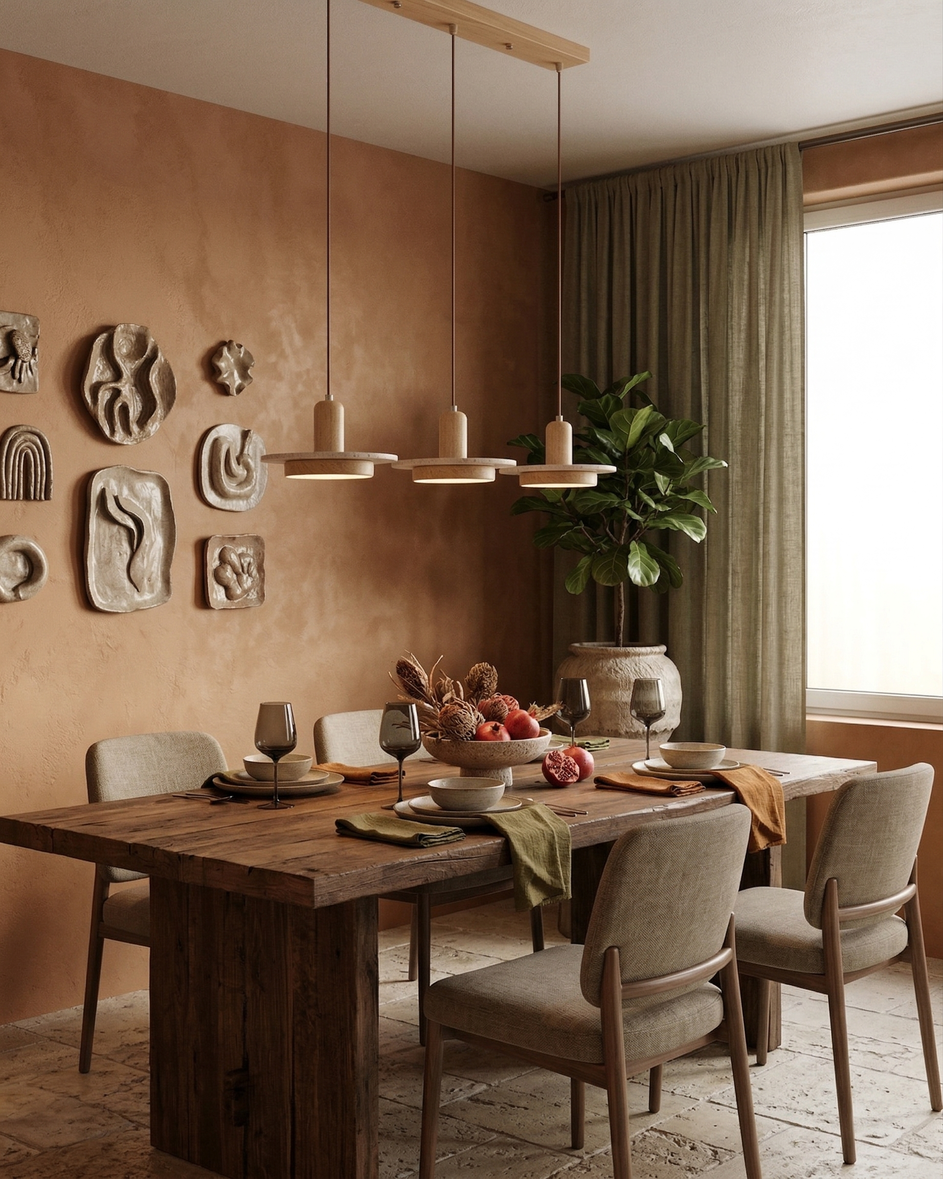 Suspension travertin en réglette triple au dessus d'une table de salle à manger terracotta