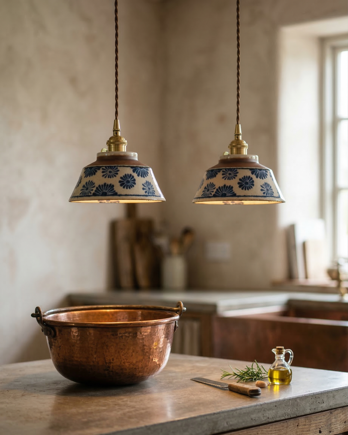 Suspension céramique à motifs en duo dans une cuisine rustique