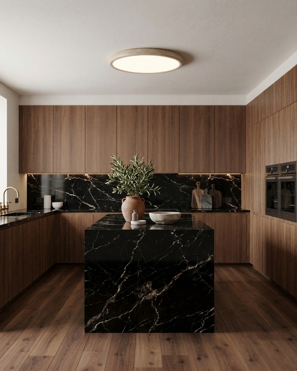Plafonnier design en travertin au plafond d'une cuisine en bois sombre et marbre noir