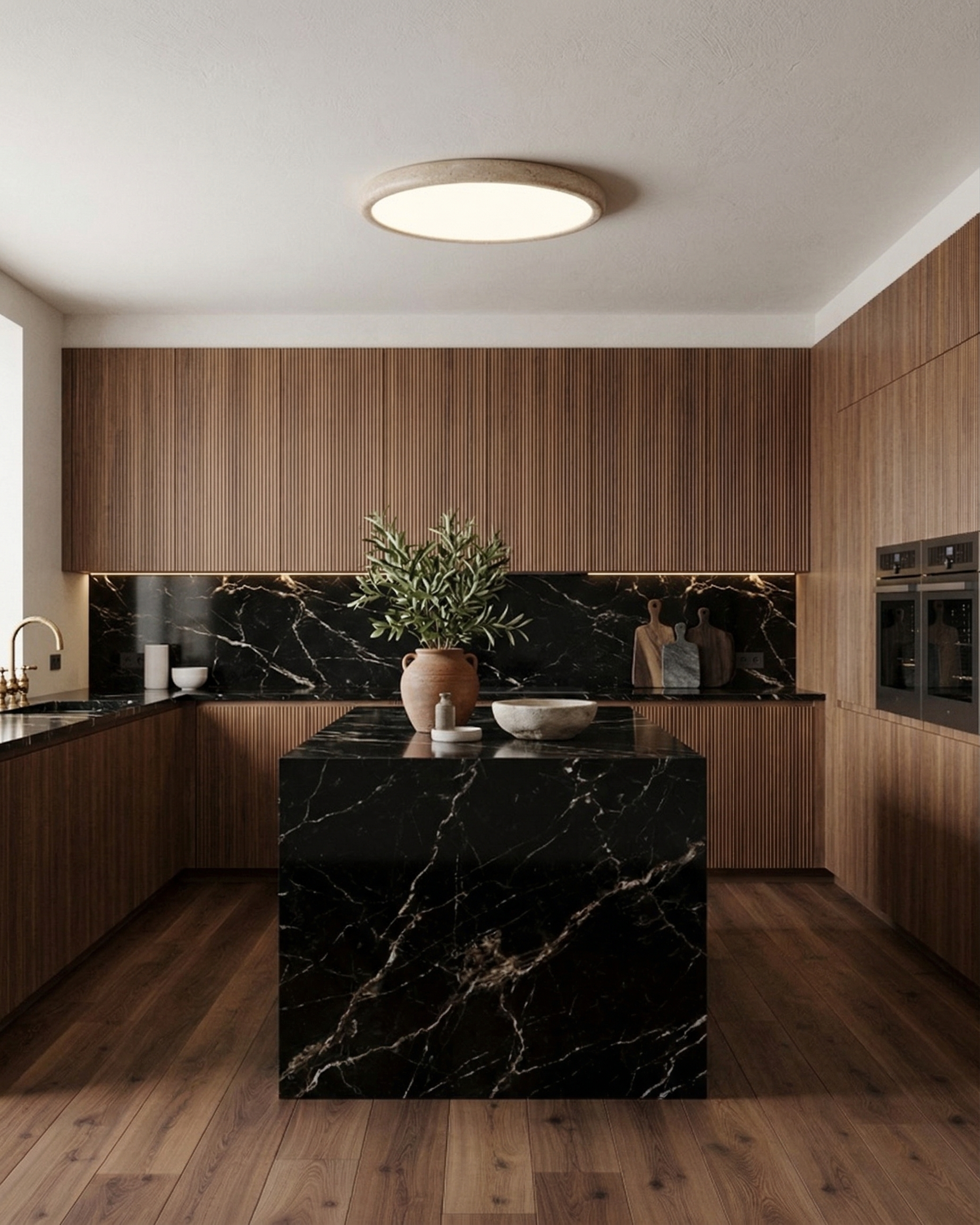 Plafonnier design en travertin au plafond d'une cuisine en bois sombre et marbre noir