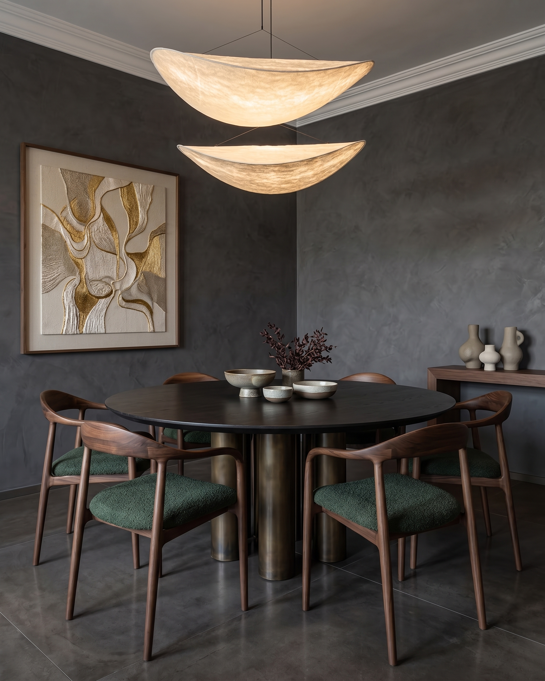 Deux suspensions design en papier au dessus d'une table de salle à manger sombre Image
