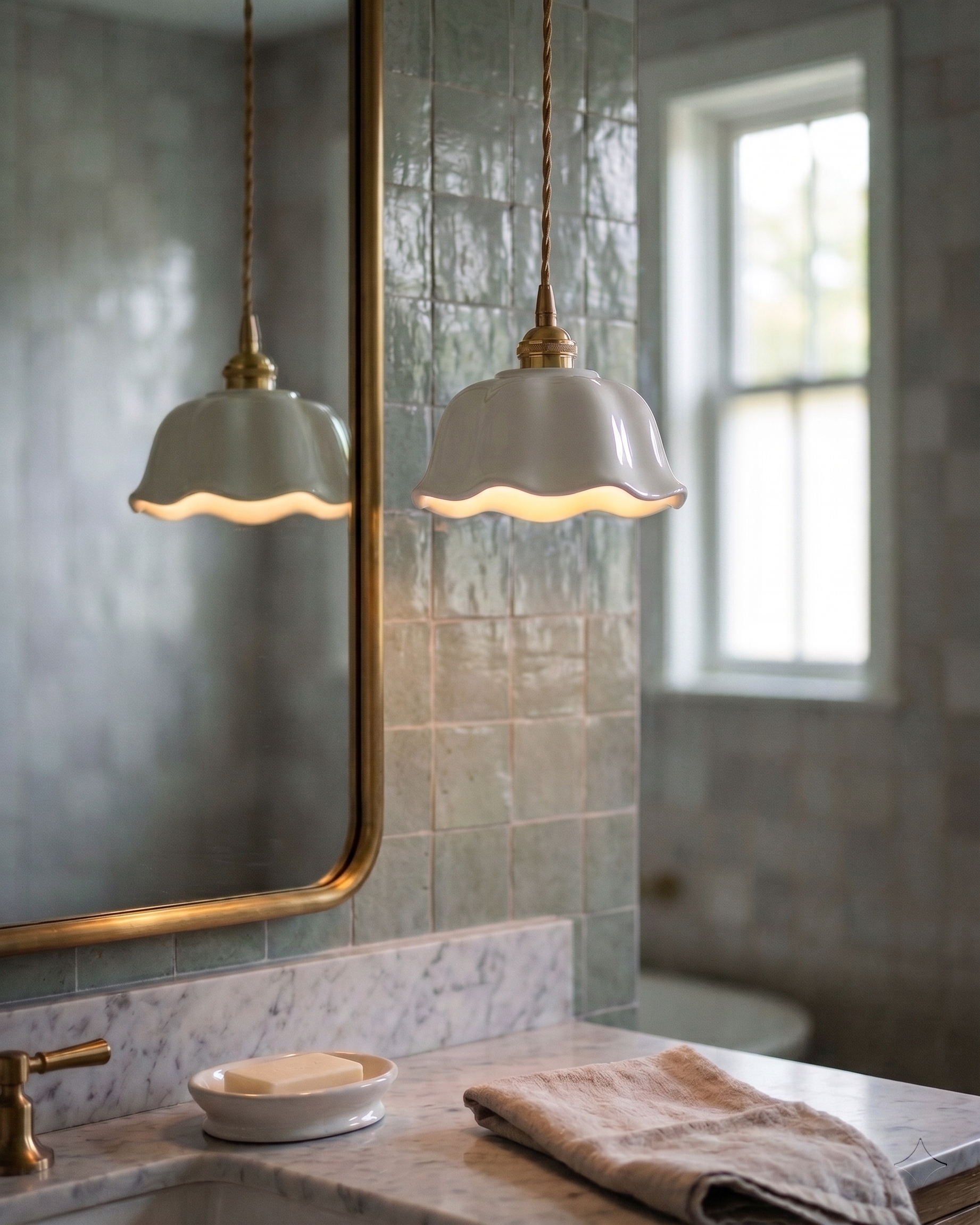 Suspension céramique retro devant un miroir en laiton dans une salle de bains