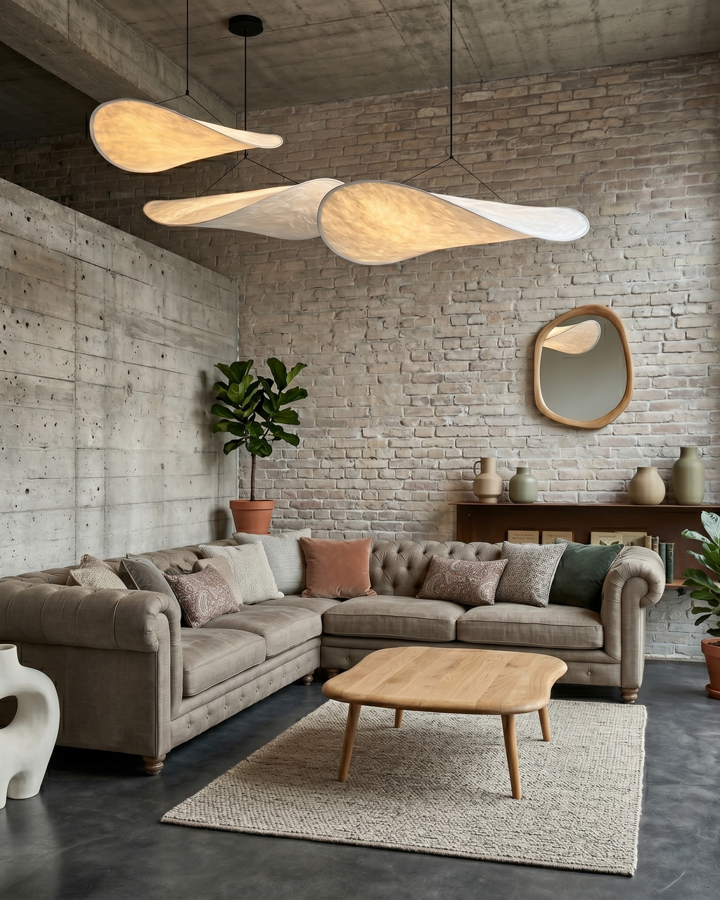 Trois suspensions design nuage en papier dans un salon loft en brique
