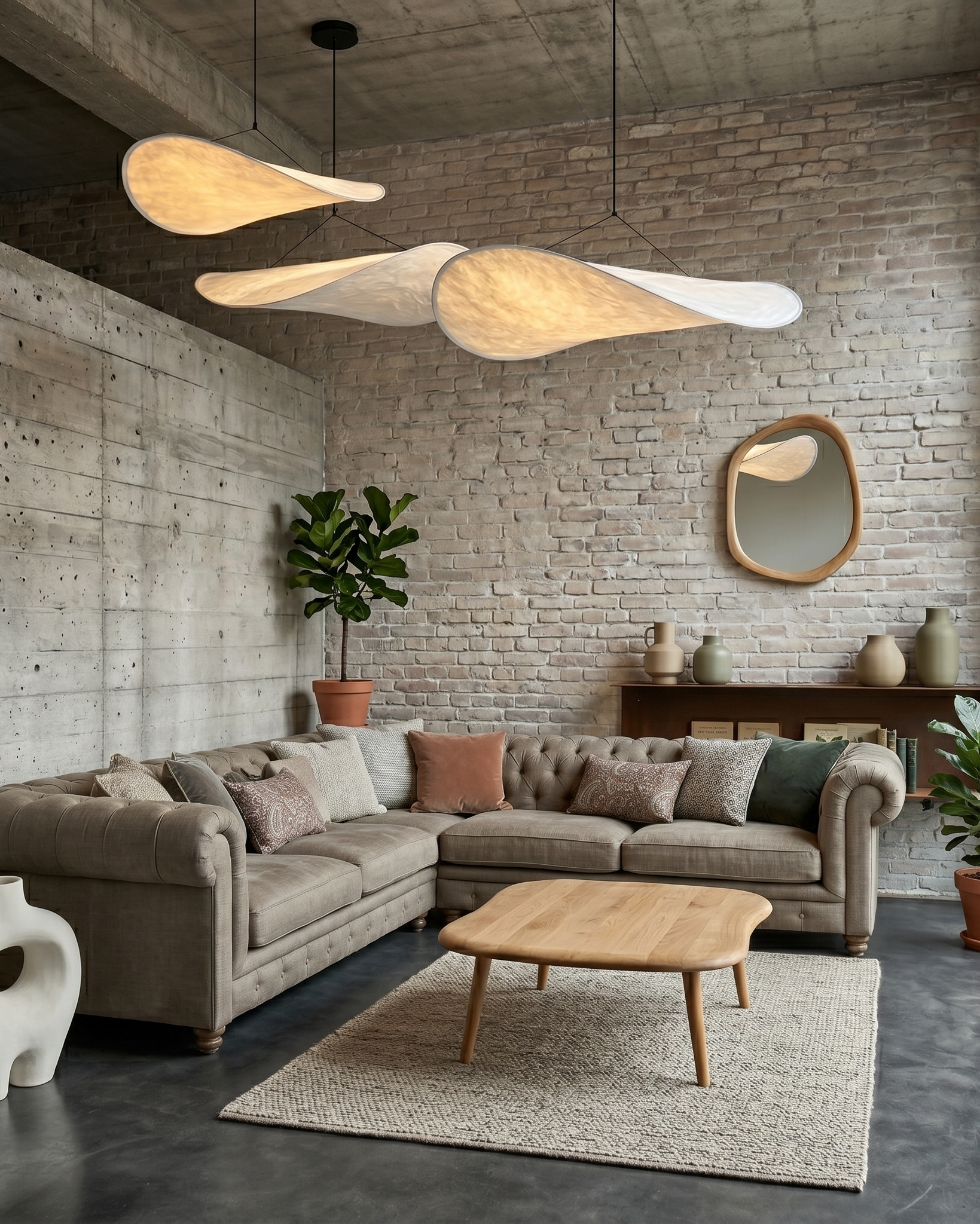 Trois suspensions design nuage en papier dans un salon loft en brique