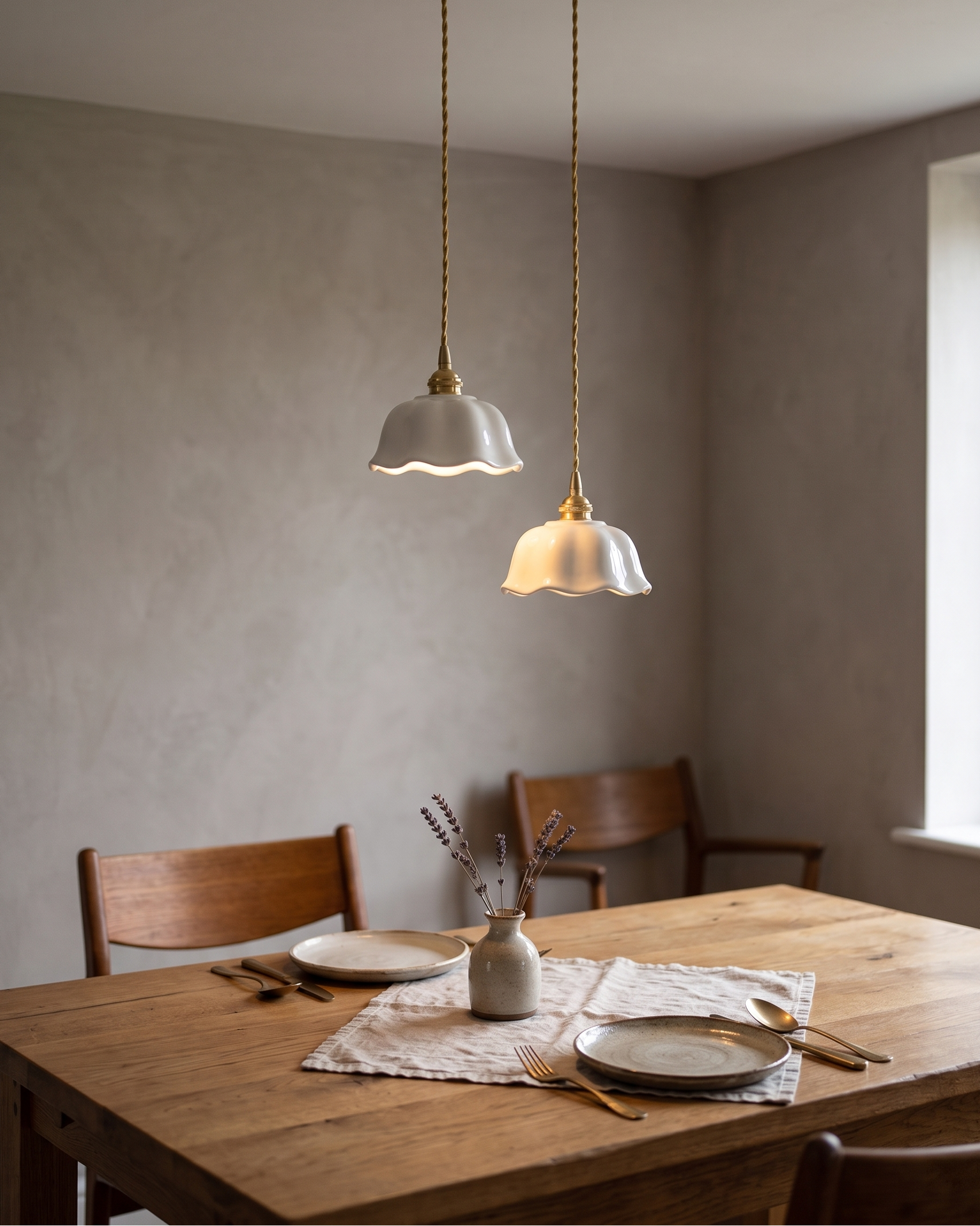 Deux suspensions céramique et laiton au dessus d'une table en bois dans une salle a manger