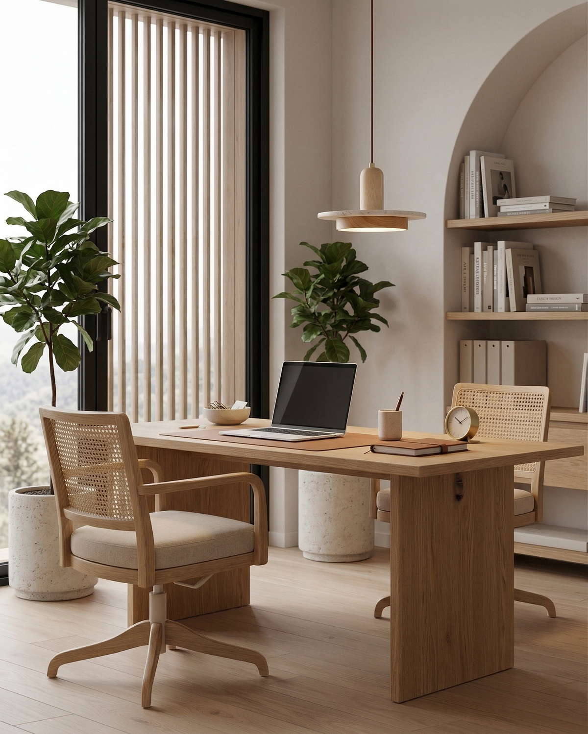 Suspension travertin simple éclairant un bureau en bois clair