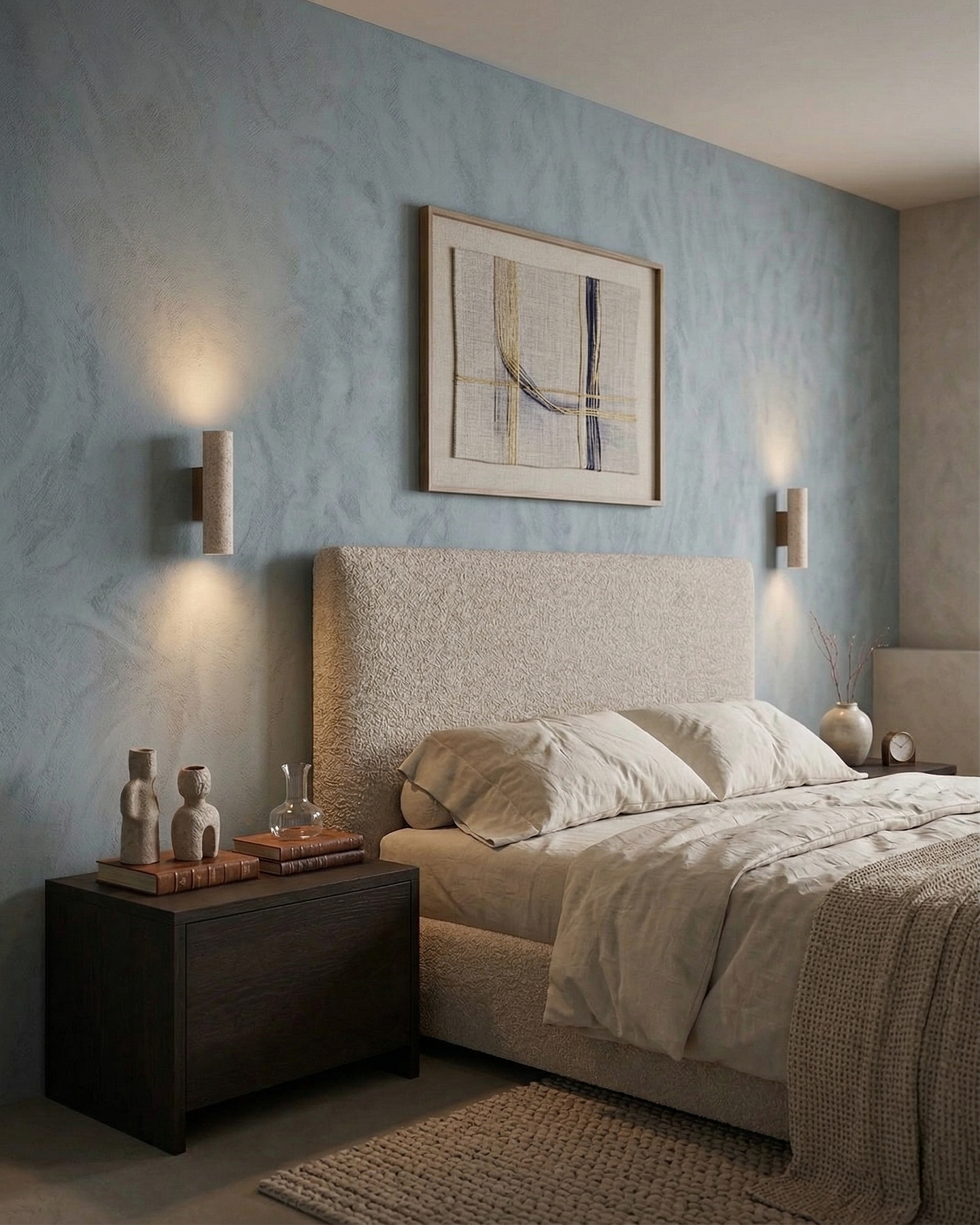 Appliques murales en travertin et noyer de chaque cote d'un lit dans une chambre