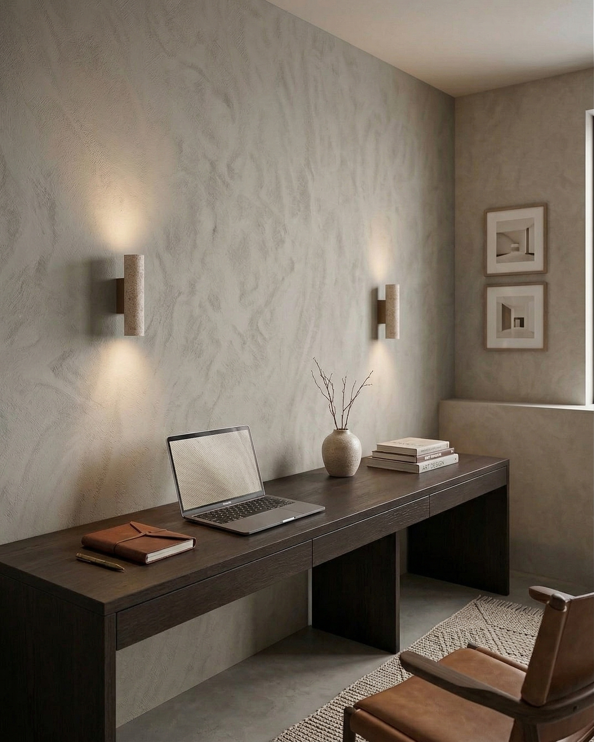 Applique murale design en travertin eclairant un bureau en bois sombre