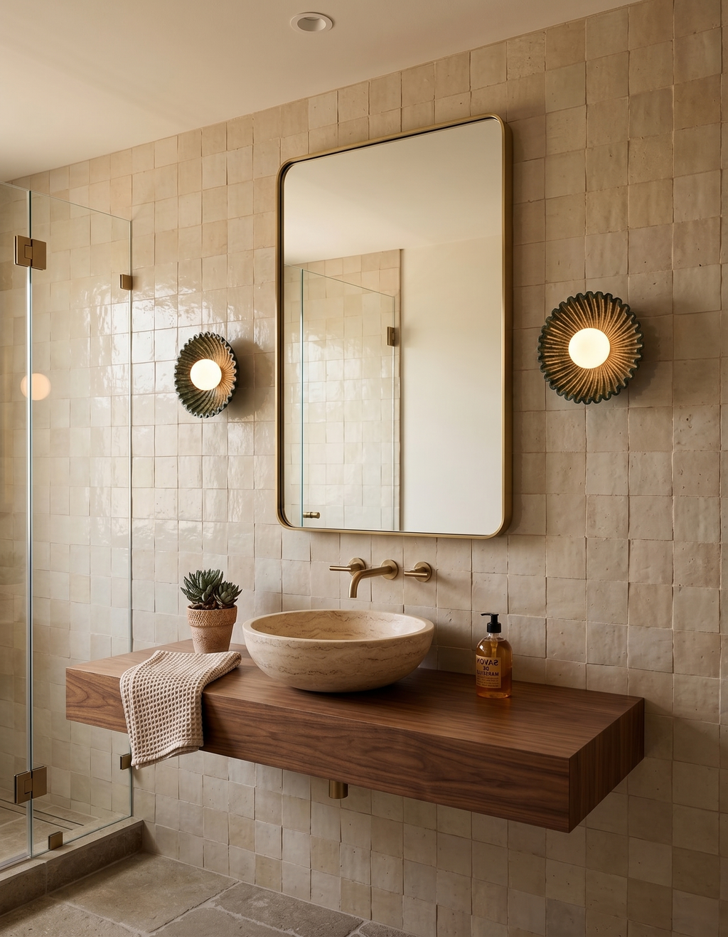 Applique murale design en céramique verte dans une salle de bain en zellige
