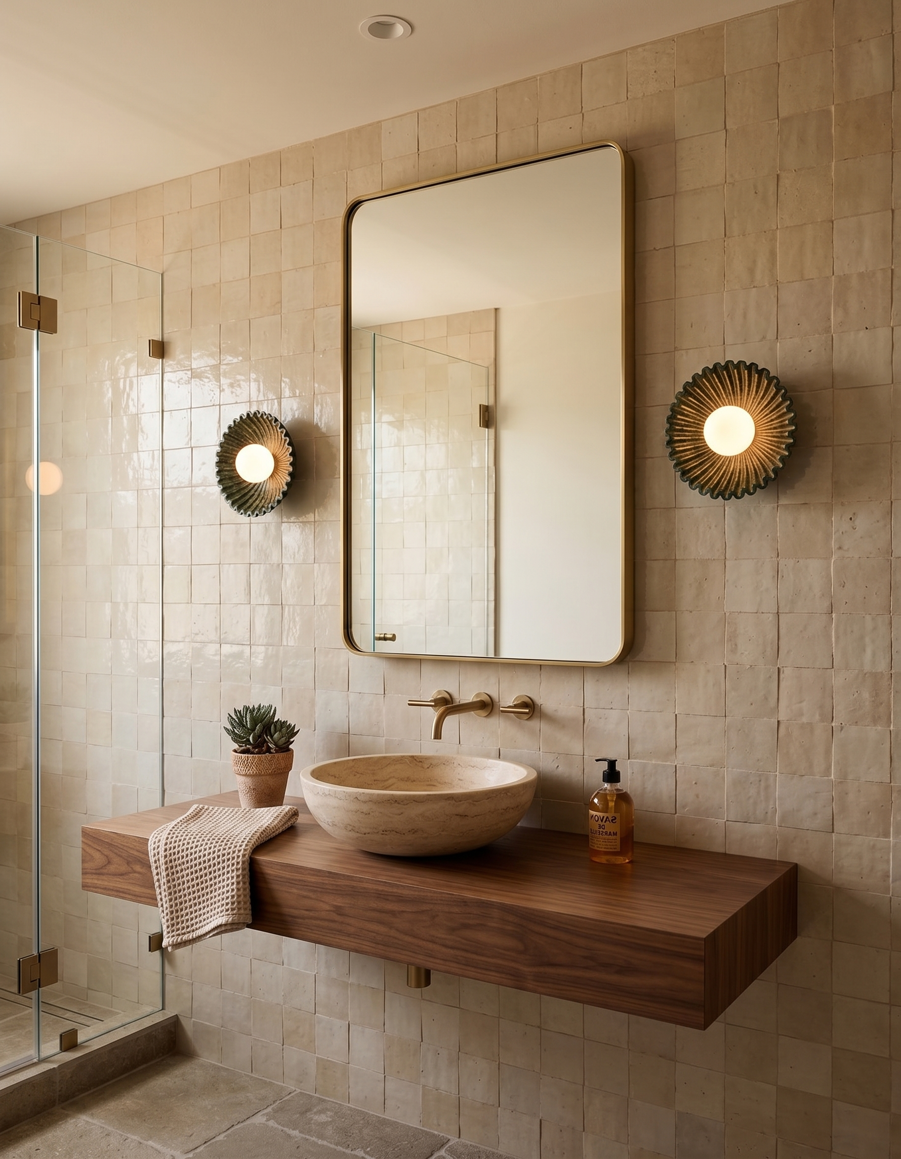 Applique murale design en céramique verte dans une salle de bain en zellige