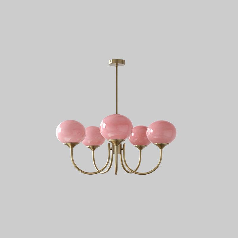 Lustre cinq lumières finition cuivre et abat-jours roses