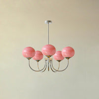Lustre cinq lumières finition chrome et abat-jours roses