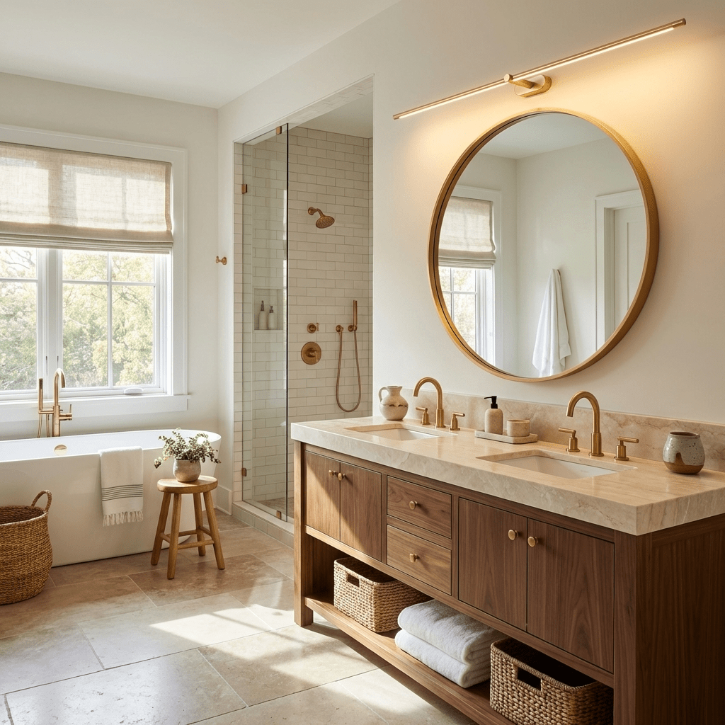 Applique sans fil au-dessus d'un grand miroir rond et d'un meuble en noyer
