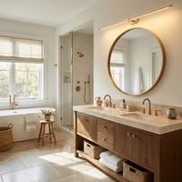 Applique sans fil au-dessus d'un grand miroir rond et d'un meuble en noyer
