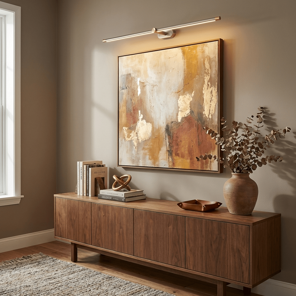 Applique sans fil éclairant un tableau au-dessus d'un buffet