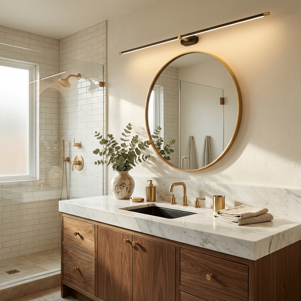 Applique sans fil dorée au-dessus d'un miroir rond de salle de bain