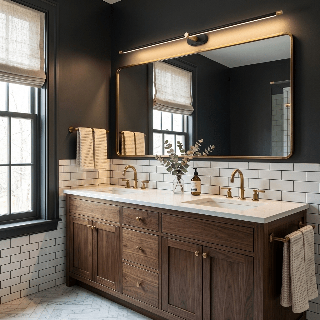 Applique sans fil noire dans une salle de bain sombre à double vasque