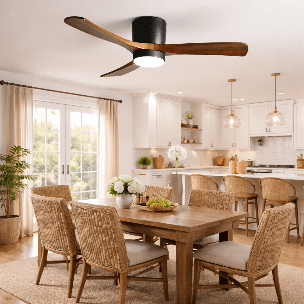 Ventilateur de plafond en bois au-dessus d'une table de salle à manger