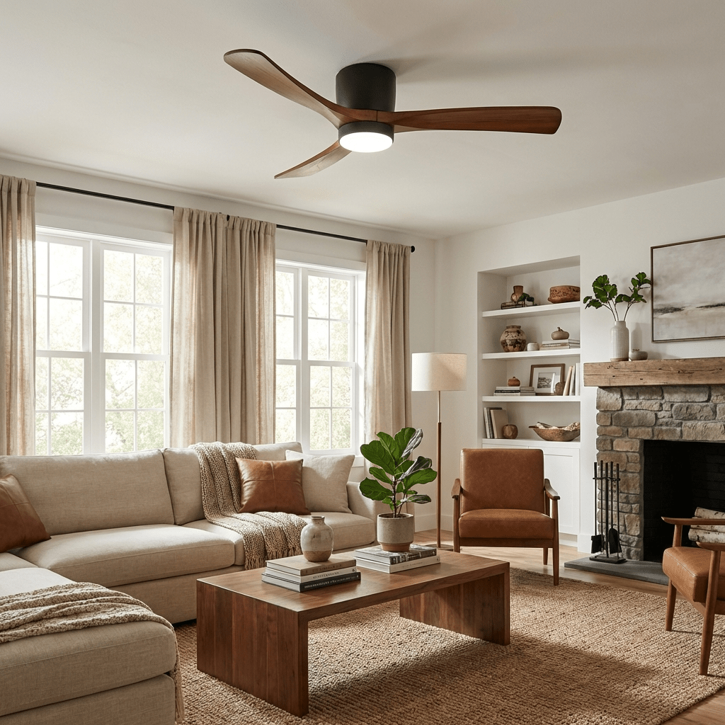 Ventilateur de plafond en bois dans un salon avec canapé et cheminée