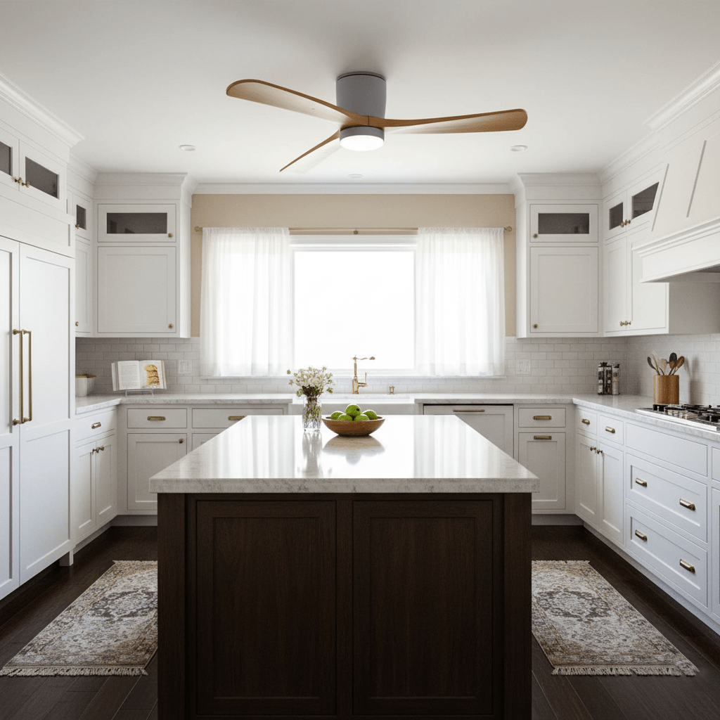 Ventilateur de plafond en bois au-dessus d'un îlot de cuisine