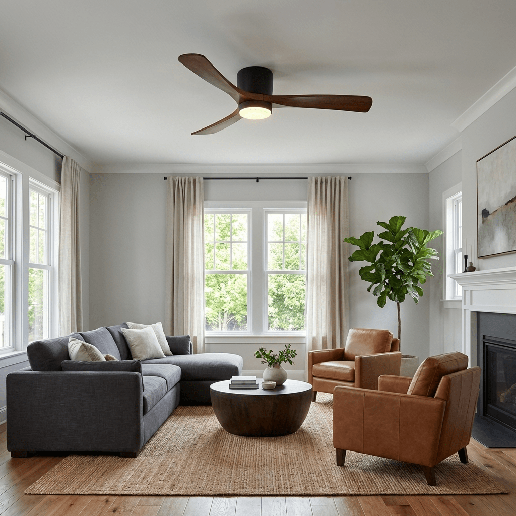 Ventilateur de plafond en bois dans un séjour avec parquet et grandes fenêtres