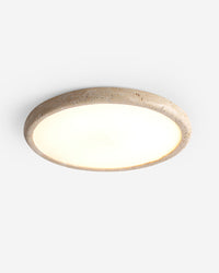 Plafonnier design en travertin ultra plat avec diffuseur blanc allumé