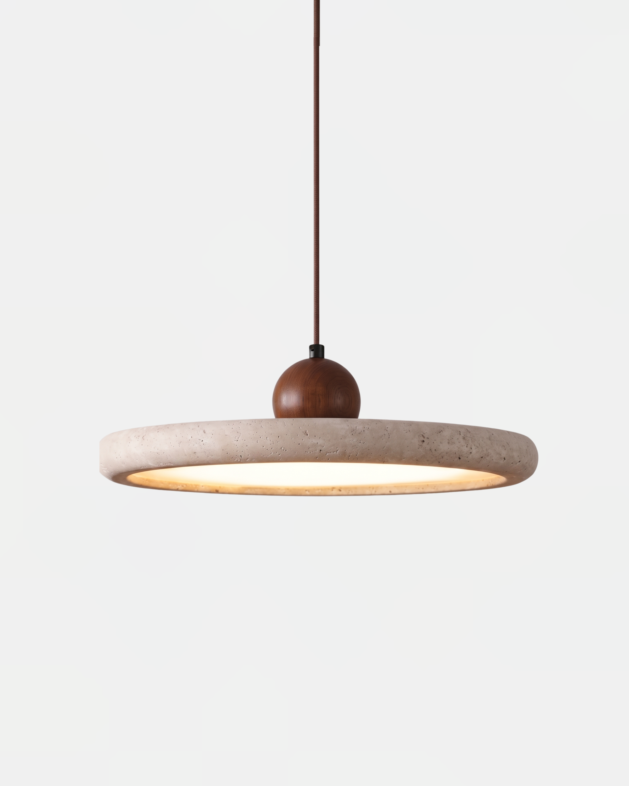 Suspension travertin anneau simple 30 cm avec sphère en bois noyer
