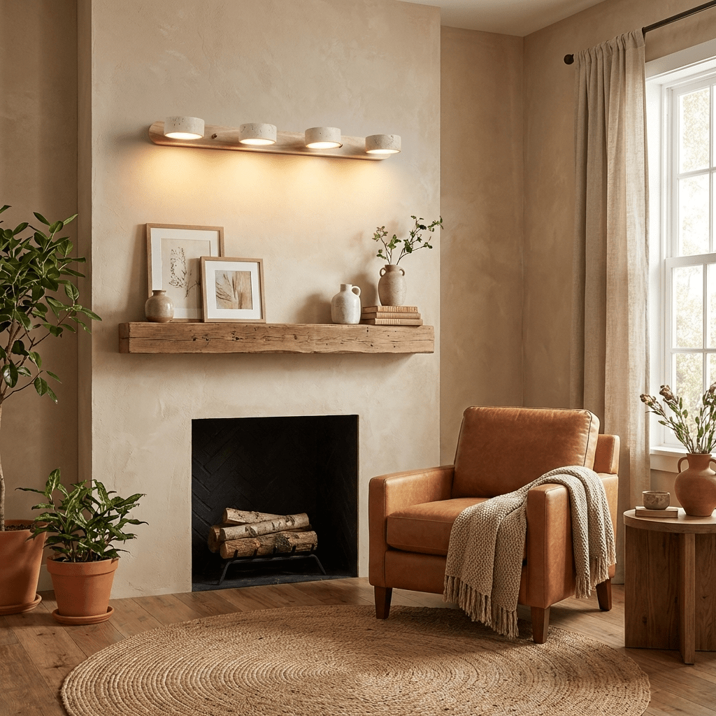 Applique en travertin dans un salon avec cheminée et fauteuil en cuir