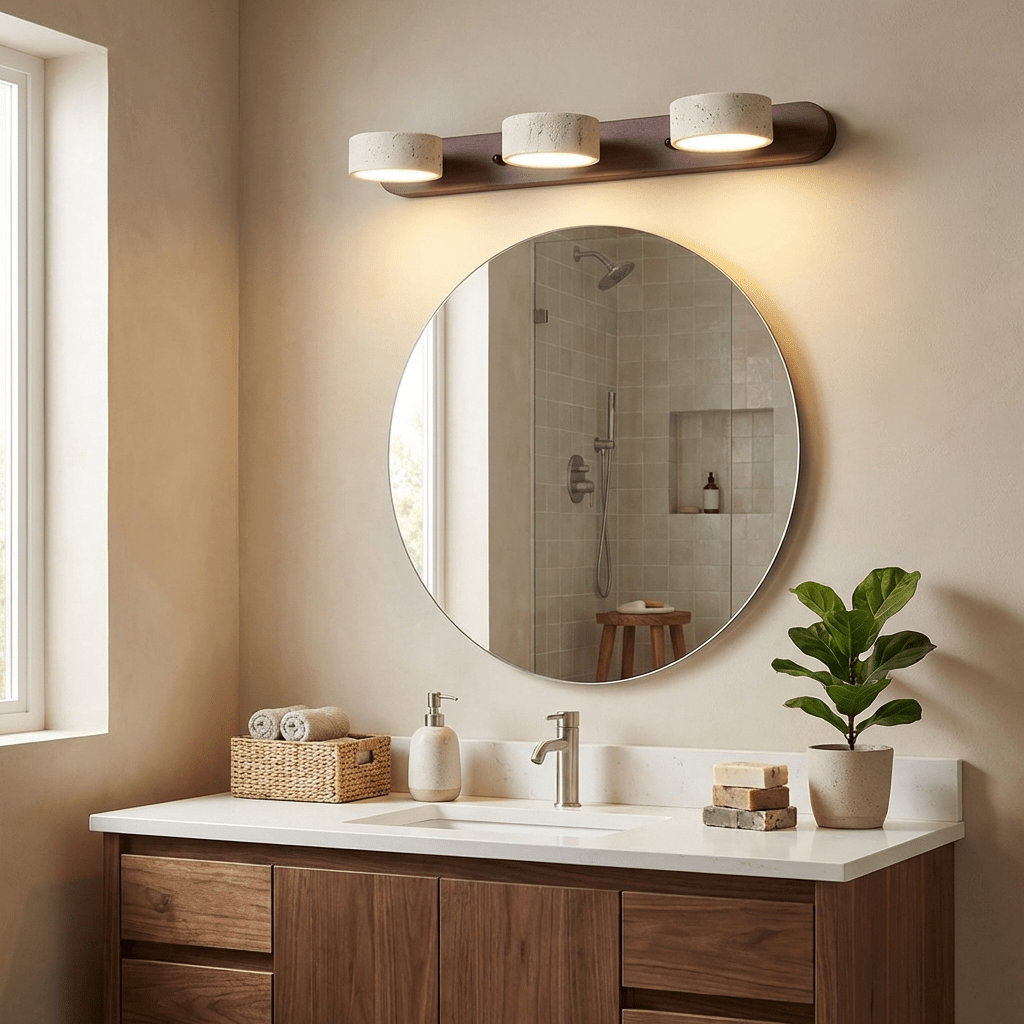 Applique en travertin au-dessus d'un miroir rond de salle de bain
