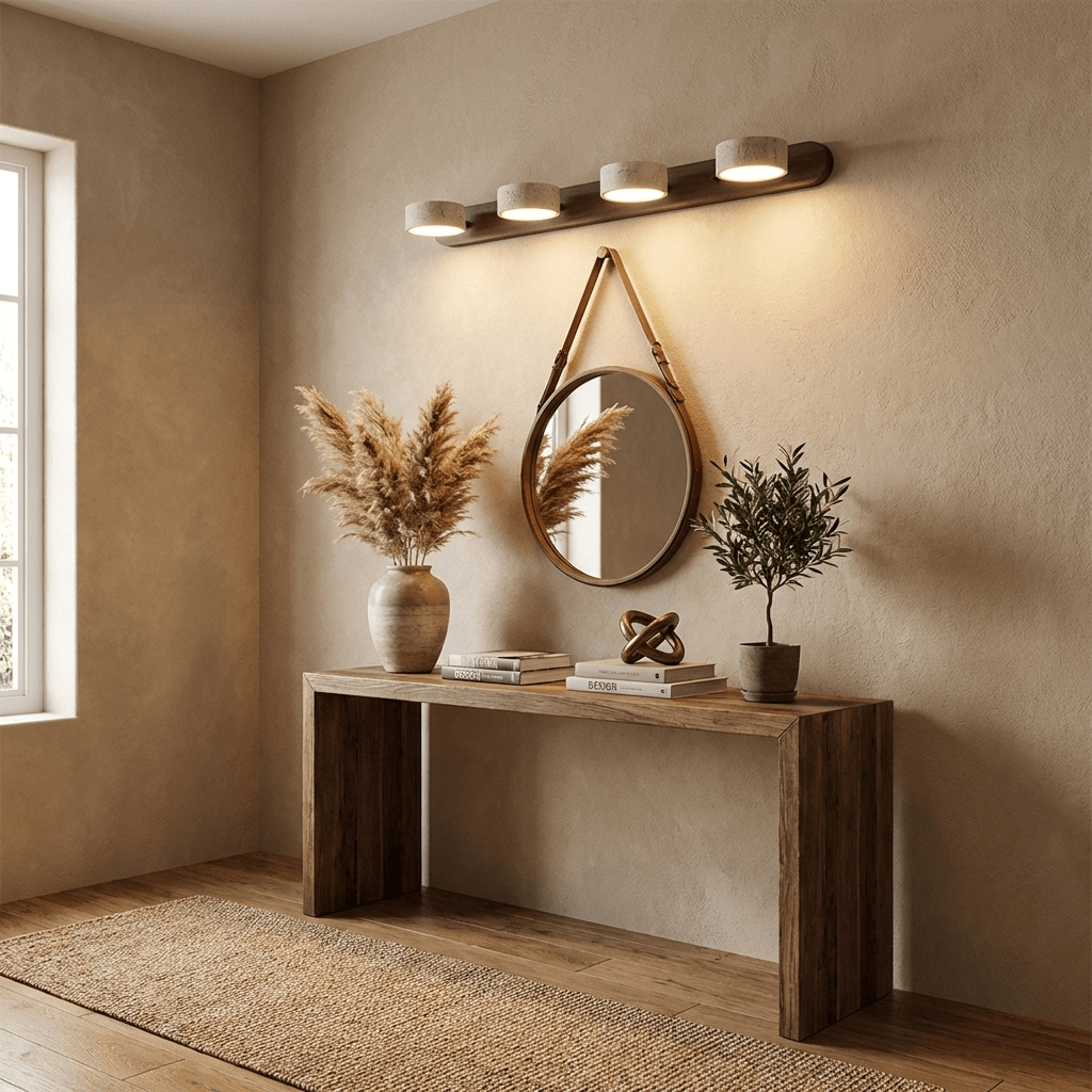 Applique en travertin dans une entrée au-dessus d'une console en bois