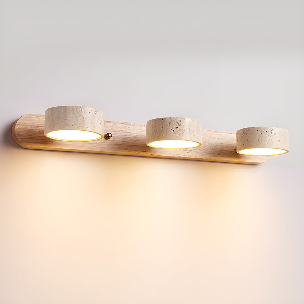 Applique en travertin trois lumières finition bois et laiton
