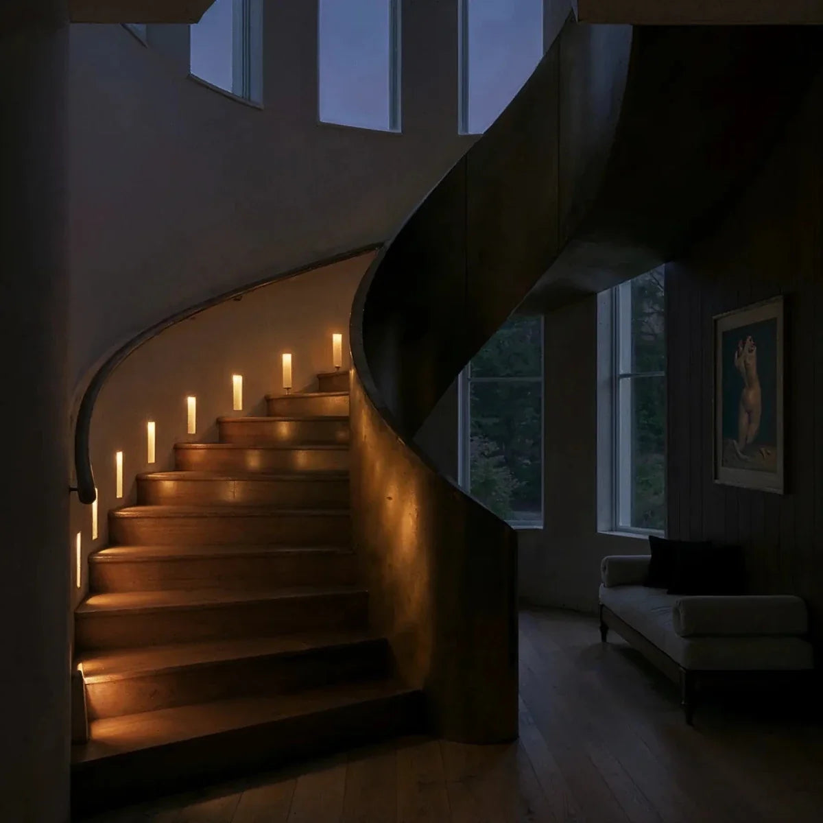 Appliques murales LED pour escalier dans un escalier courbe, ambiance tamisée